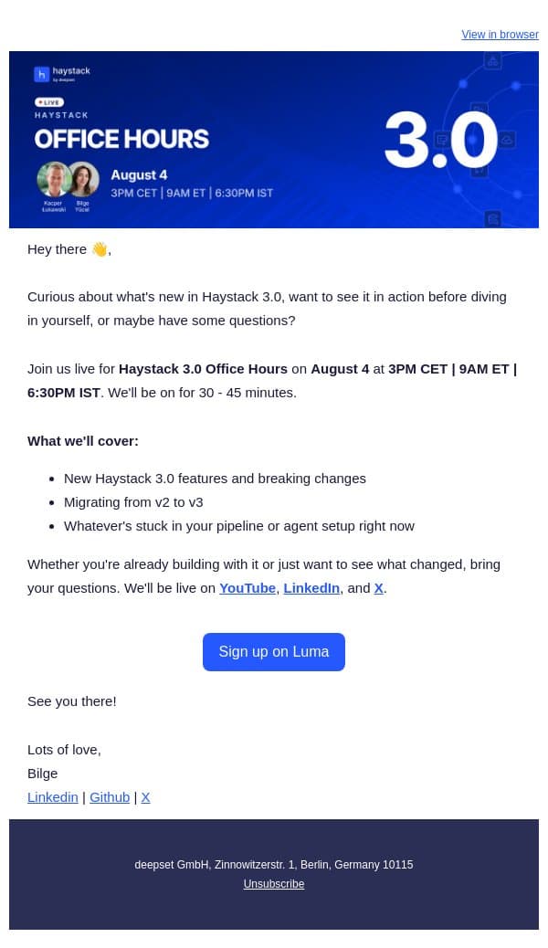 Haystack 3.0 Office Hours: AMA, live email from Haystack screenshot