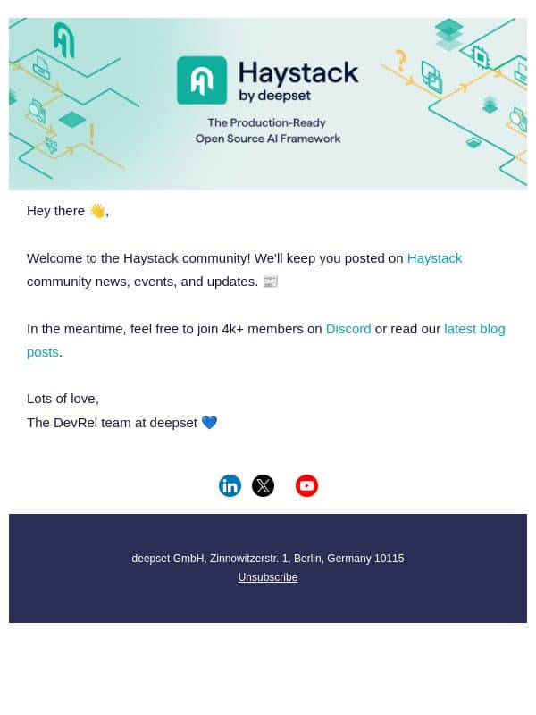 Welcome to the Haystack community! π email from Haystack screenshot