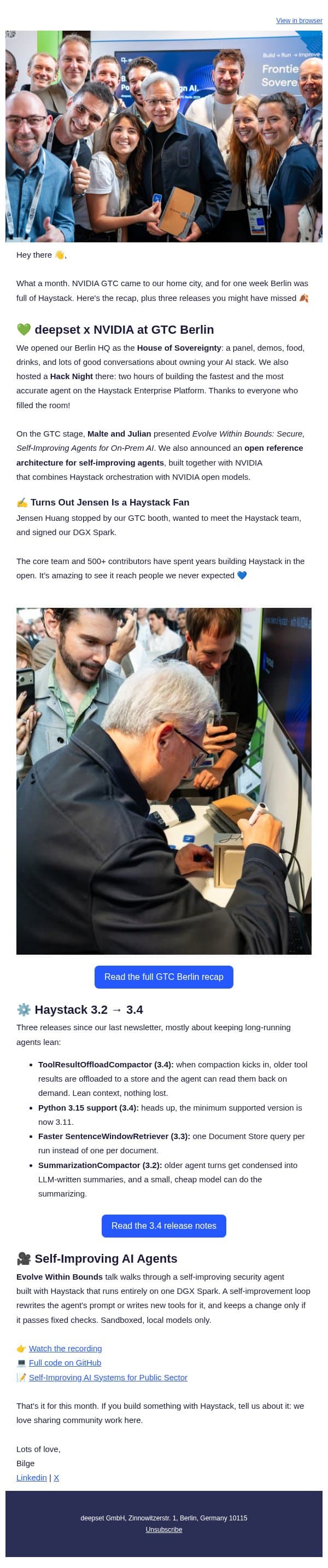 Jensen signed our DGX Spark ✍️ (+ Haystack 3.4) email from Haystack screenshot