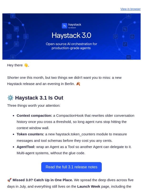 Haystack 3.1: context compaction, token counters, AgentTool πΈ email from Haystack