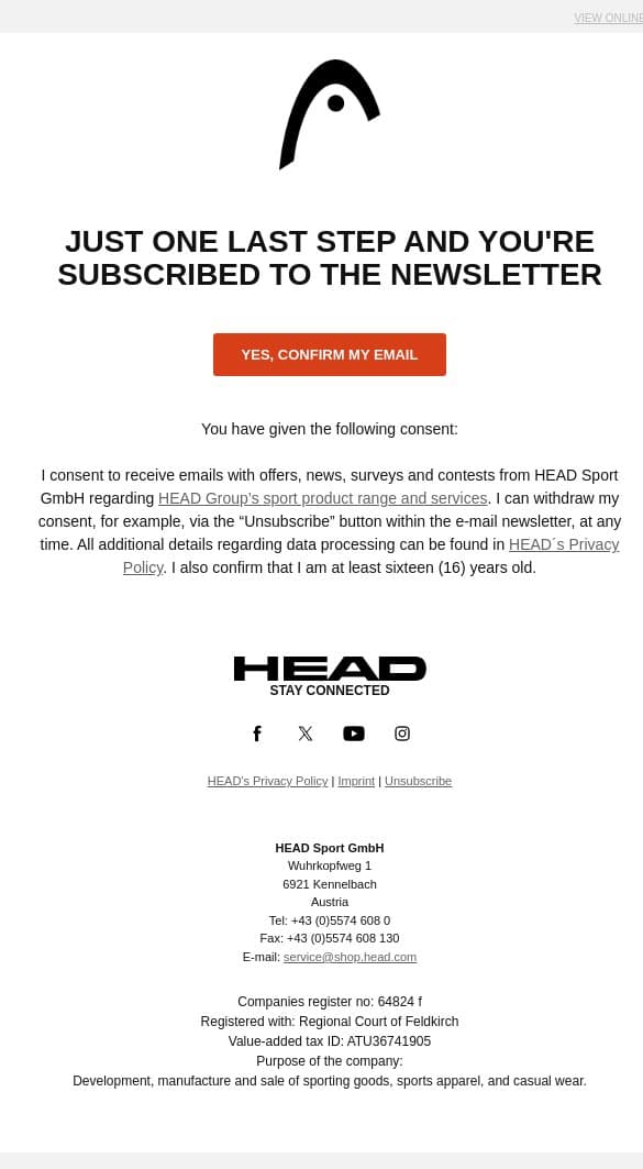 Your Confirmation Is Needed email from Head Sport screenshot