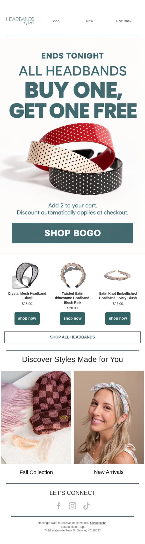 Last call: BOGO ends tonight email from Headbands of Hope screenshot