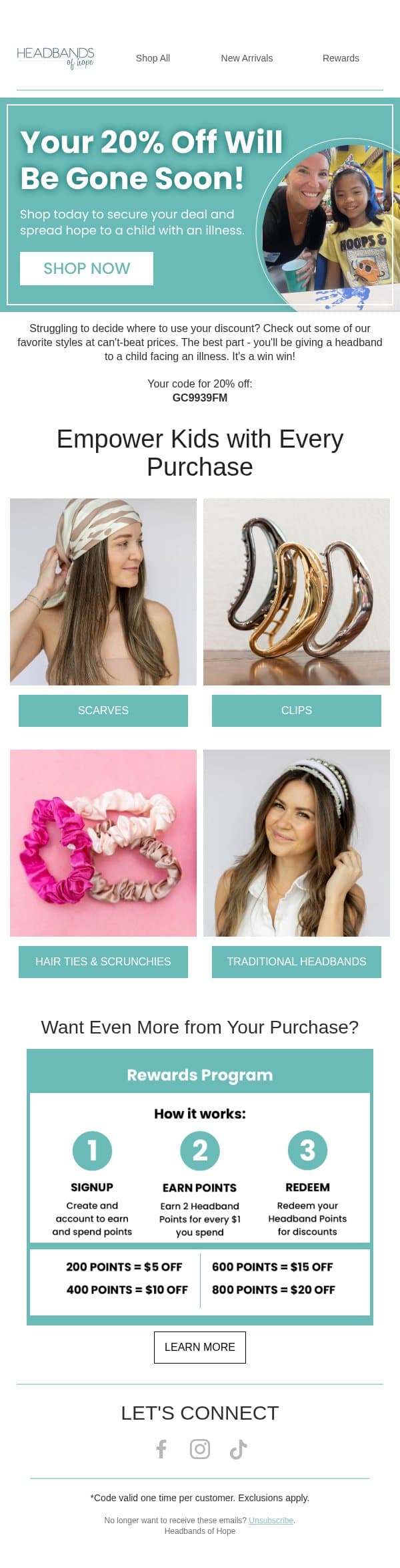 Last chance for 20% off! email from Headbands of Hope screenshot