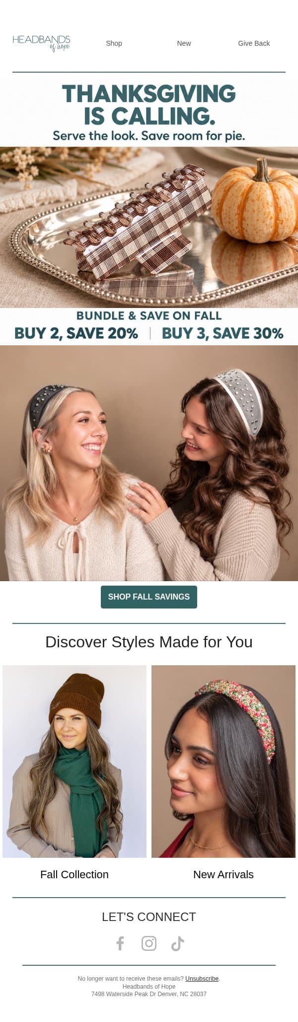 Serving looks. Saving room for pie. email from Headbands of Hope screenshot
