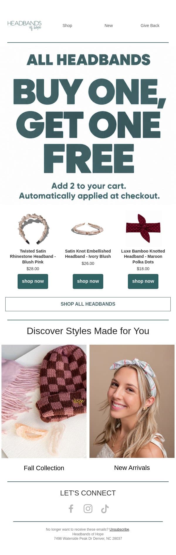 All headbands. Buy one, get one FREE. email from Headbands of Hope screenshot