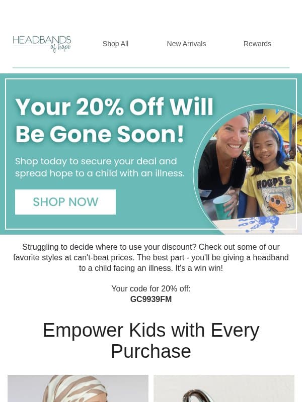 Last chance for 20% off! email from Headbands of Hope