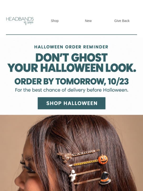 Your Halloween order deadline is tomorrow email from Headbands of Hope