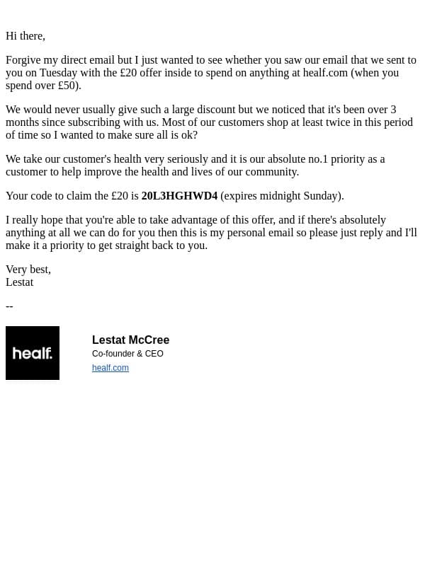 Checking in email from Healf