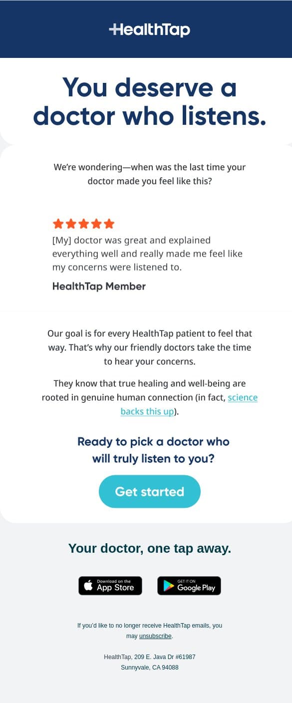👂Primary care from doctors who listen email from HealthTap screenshot