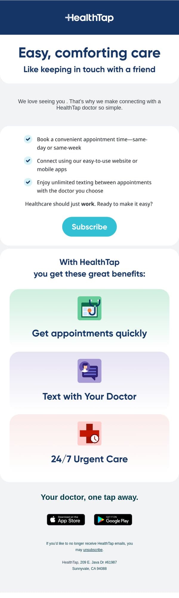Comforting care that’s easy to use email from HealthTap screenshot