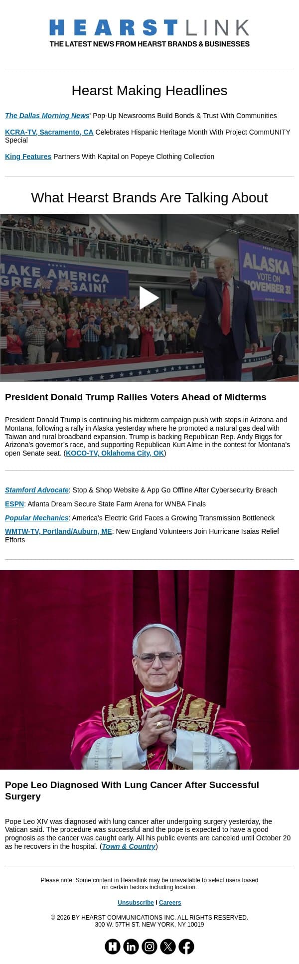 Trump's Midterm Campaign l Pope Leo's Diagnosis email from Hearst Communications screenshot