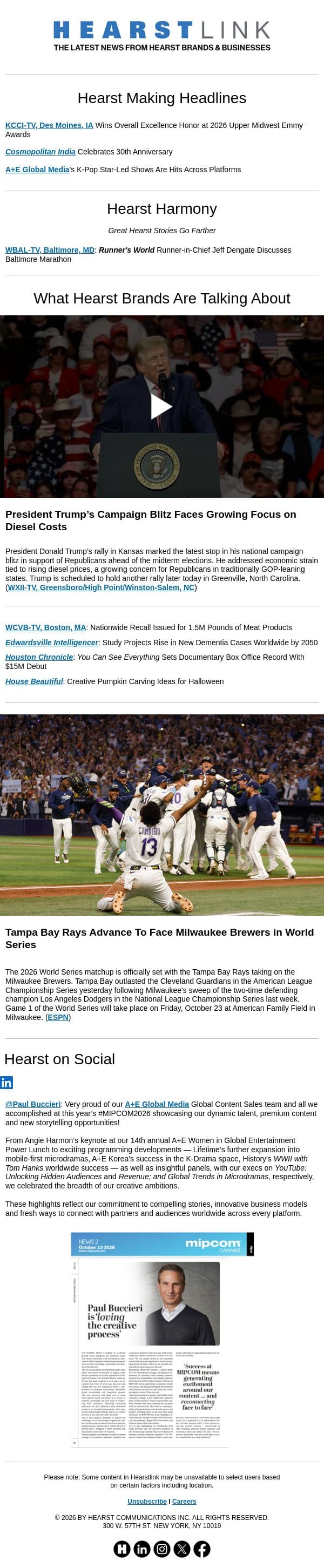 Trump Midterm Campaign l Tampa Bay Rays in World Series email from Hearst Communications screenshot