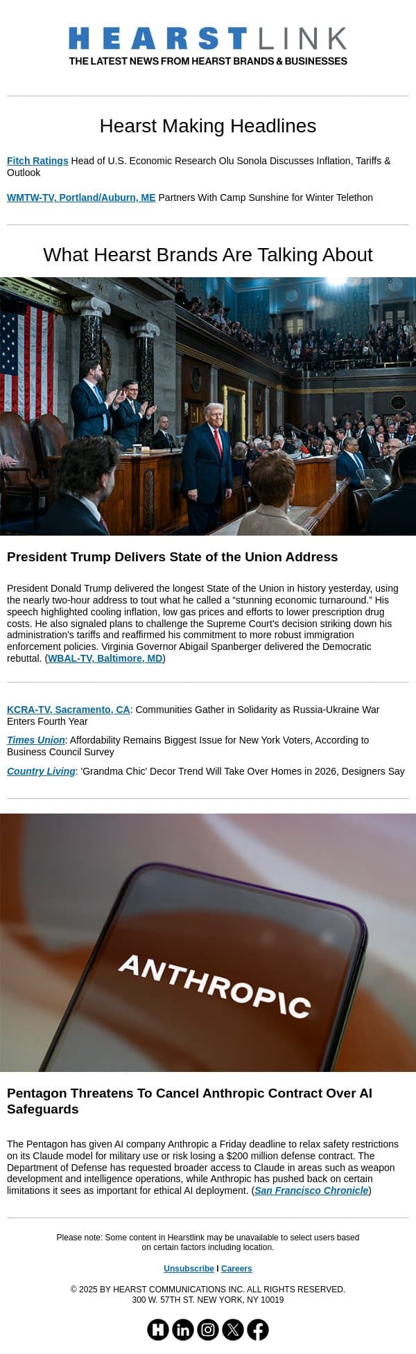 State of the Union Takeaways | Anthropic AI Defense Contract email from Hearst Communications screenshot