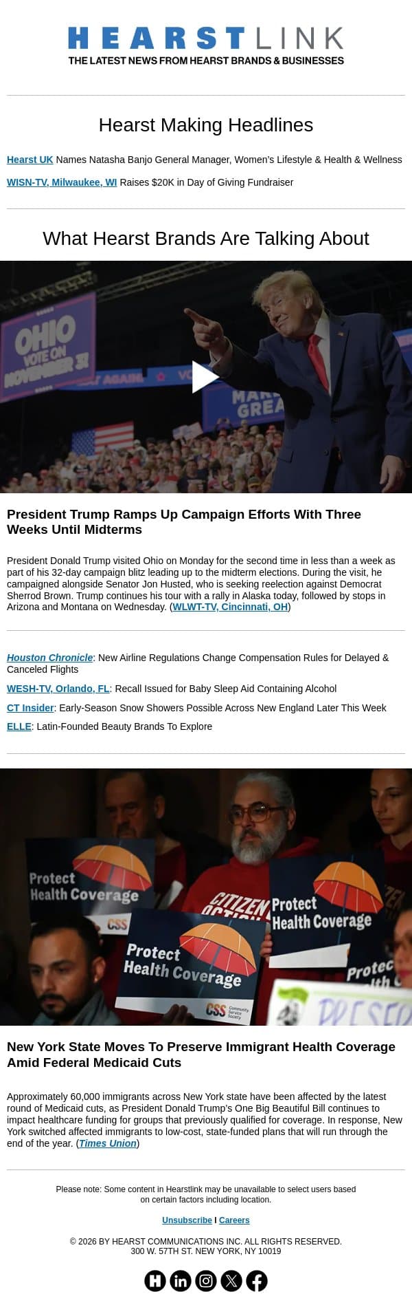 Trump Ohio Rally l New York Immigrant Health Coverage email from Hearst Communications screenshot