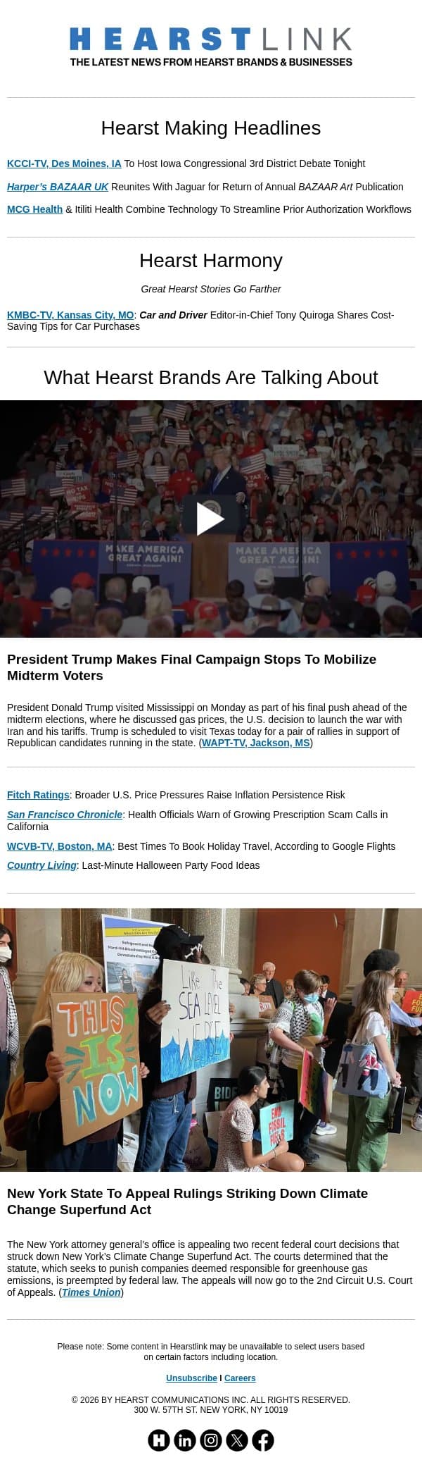Trump's Midterm Campaign l New York Climate Change Superfund Act email from Hearst Communications screenshot