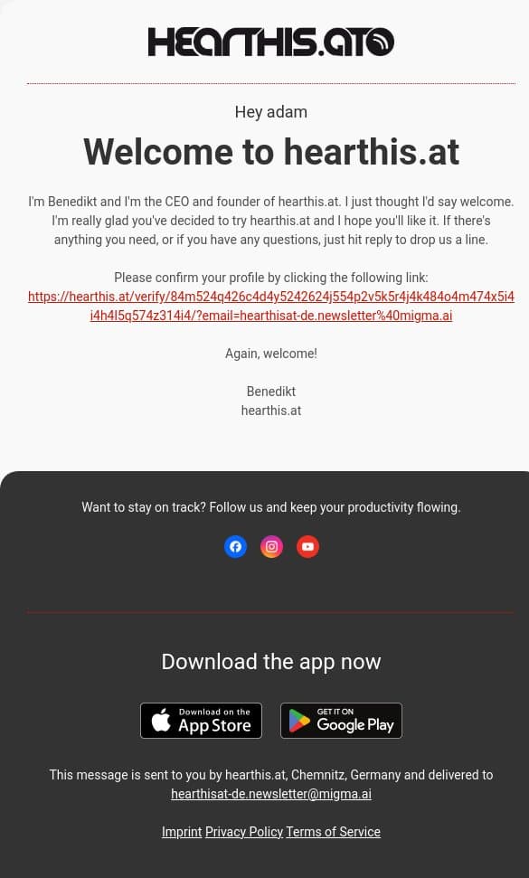 Welcome to hearthis.at email from Hearthis.at screenshot
