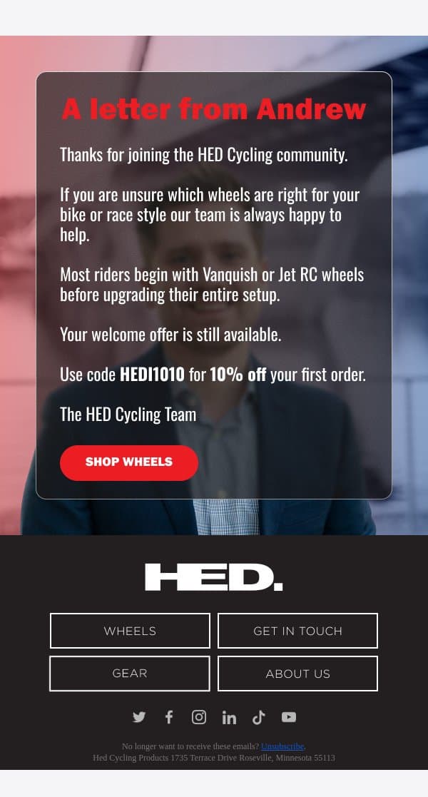 One Last Welcome email from HED Cycling screenshot