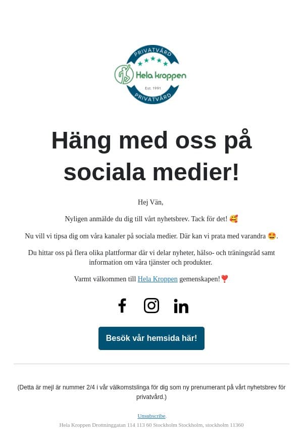 Följ oss på sociala medier!📱 email from Hela Kroppen screenshot