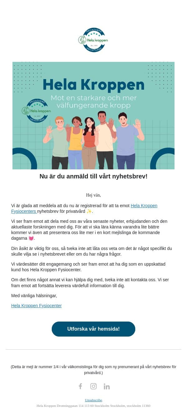 Du är anmäld till vårt nyhetsbrev! 🎉 email from Hela Kroppen screenshot