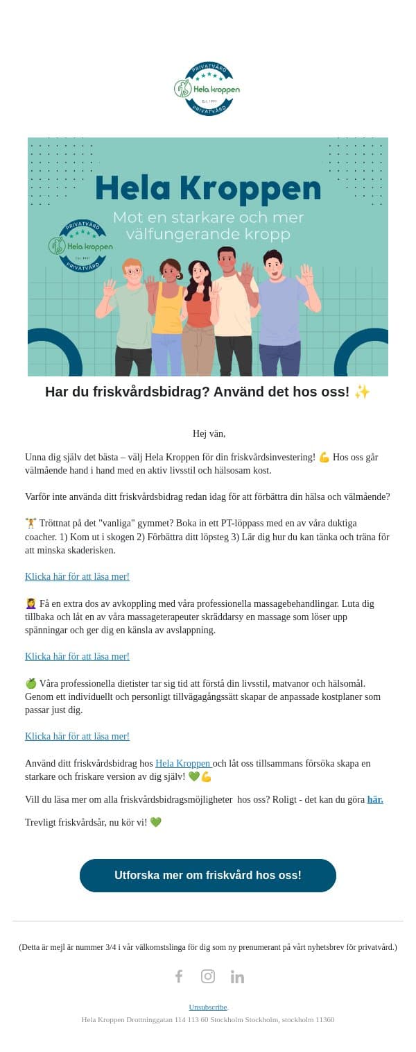 Använd ditt friskvårdsbidrag hos oss! 🎉😀 email from Hela Kroppen screenshot