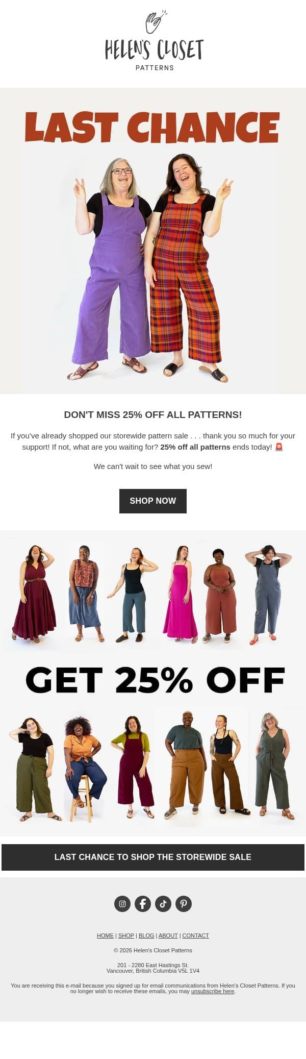 LAST CHANCE for 25% off ALL patterns! 🚨 email from Helen’s Closet screenshot
