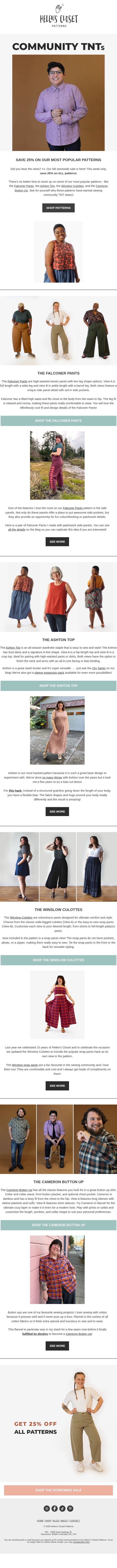 Grab some of our most popular patterns for 25% off during our storewide sale! ✨ email from Helen’s Closet screenshot