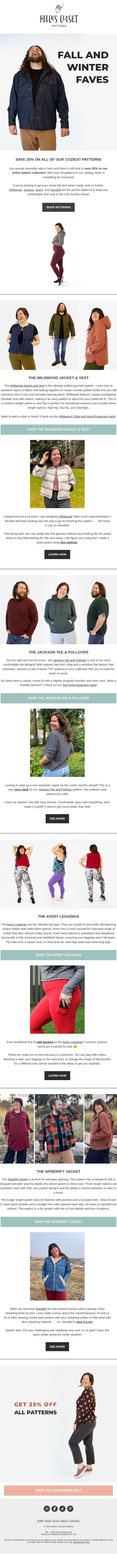 Save 25% on our best fall and winter patterns during our annual storewide sale! š email from Helenās Closet screenshot