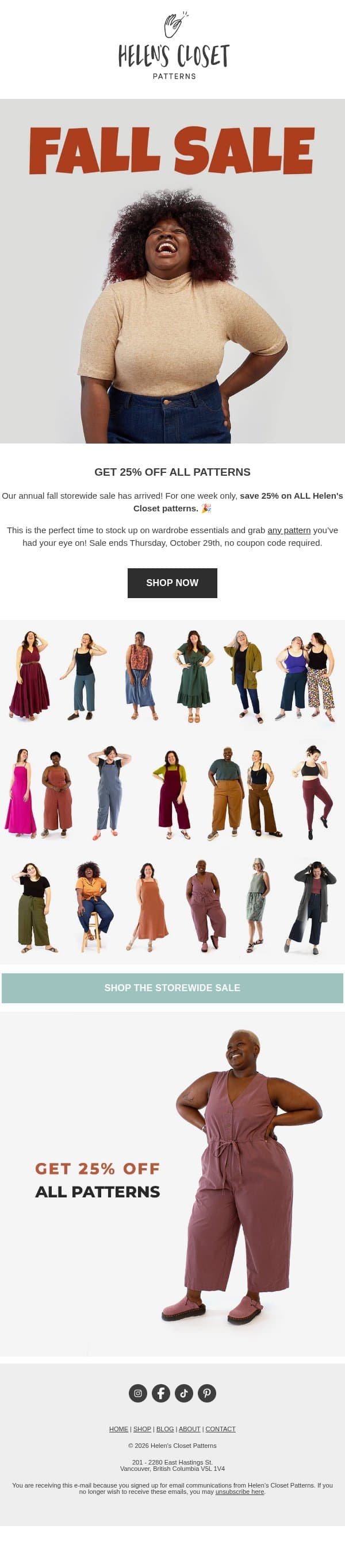 Our fall storewide sale has arrived! 🎉 Save 25% on ALL patterns! email from Helen’s Closet screenshot