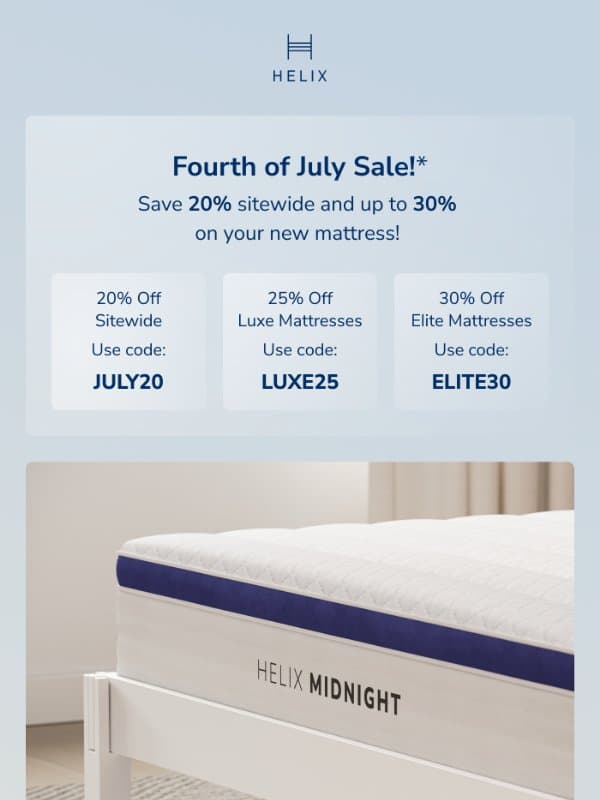 Celebrate with up to 30% off! email from Helix Sleep