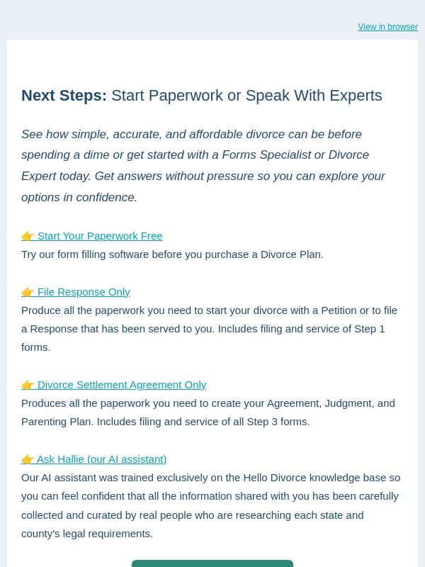 Divorce Status Update email from Hello Divorce