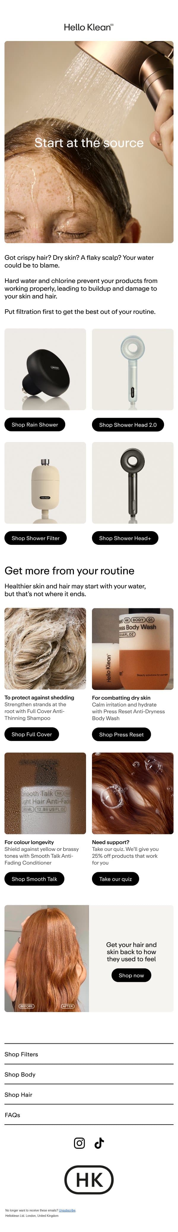 Blame your water, not your hair and skin email from Hello Klean screenshot
