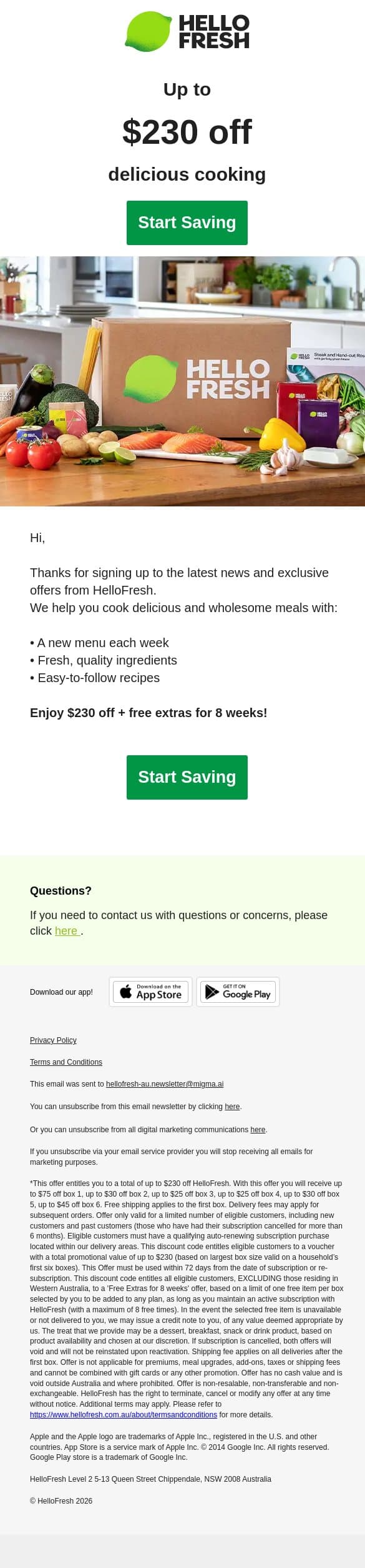 Welcome to HelloFresh! Save up to $230 OFF your first 6 boxes! 😊 email from HelloFresh screenshot