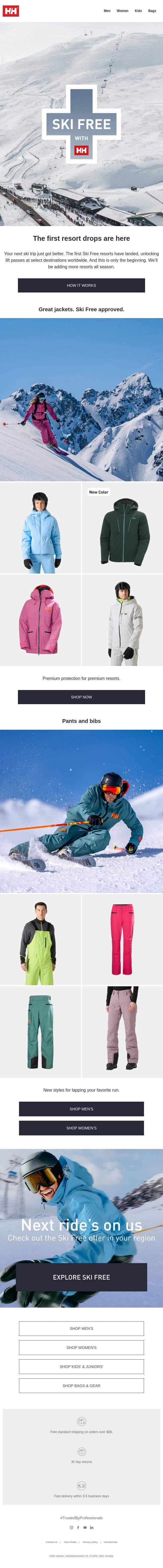 Ski Free is officially open for the season email from Helly Hansen screenshot