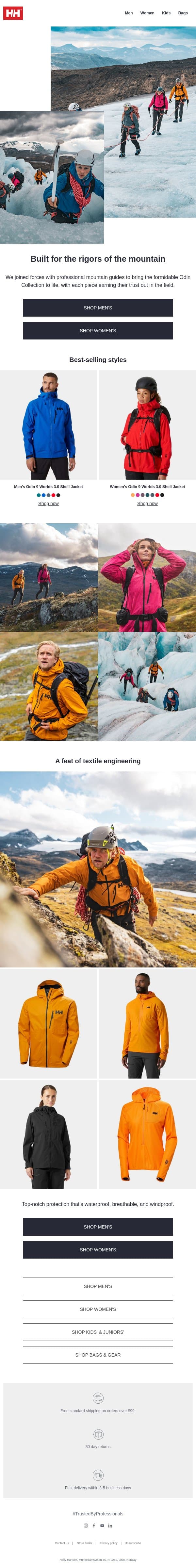 Meticulously designed for the highest peaks email from Helly Hansen screenshot