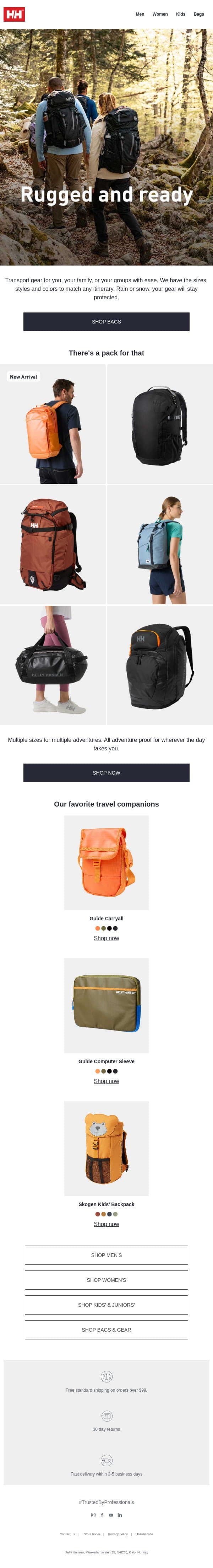Pack it up. Pack it in. Let the journey begin. email from Helly Hansen screenshot