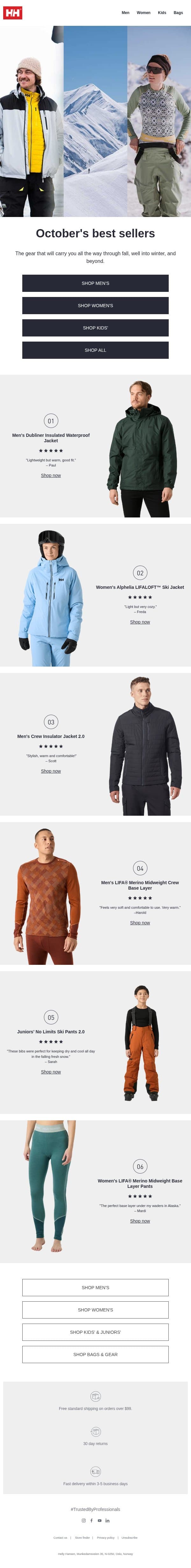 October's 6 best-selling styles email from Helly Hansen screenshot