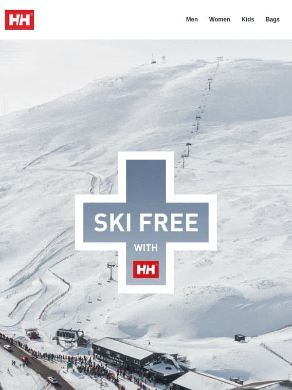 Ski Free is officially open for the season email from Helly Hansen