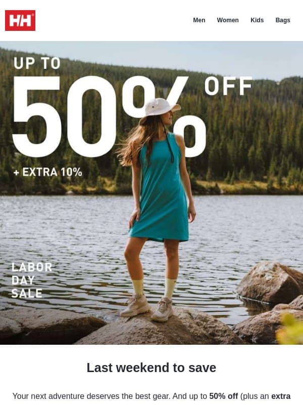 Last weekend for an extra +10% off sale email from Helly Hansen