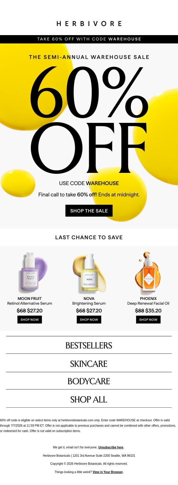 FINAL HOURS ⌛ 60% OFF ends at midnight! email from Herbivore Botanicals screenshot