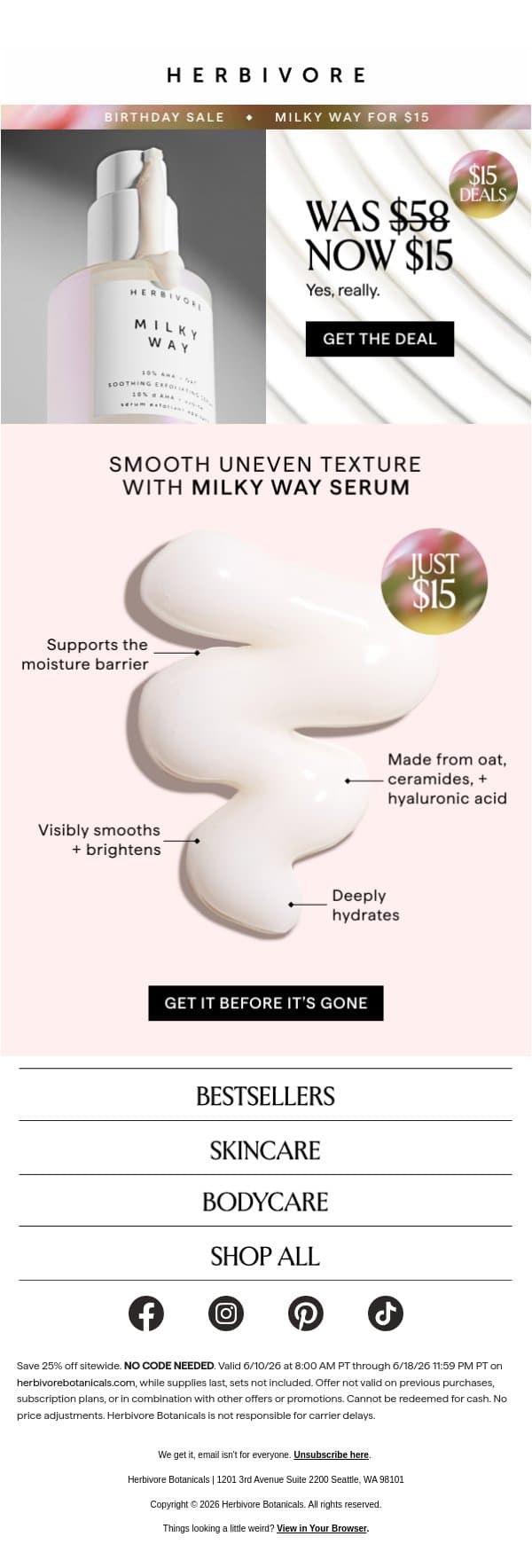 Originally $58. Now $15. email from Herbivore Botanicals screenshot