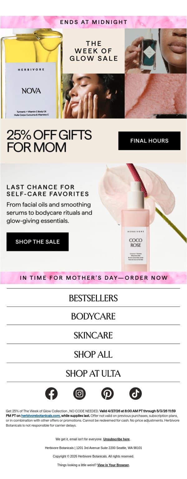 FINAL HOURS: 25% off ends tonight email from Herbivore Botanicals screenshot