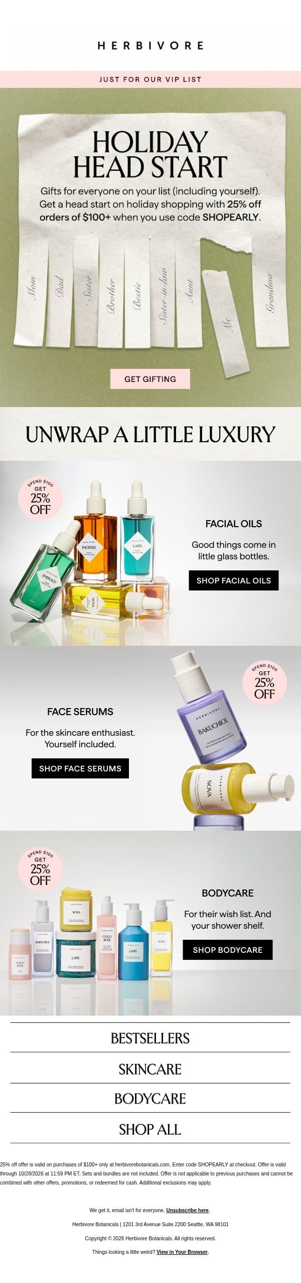 25% OFF gifts for everyone on your list... email from Herbivore screenshot