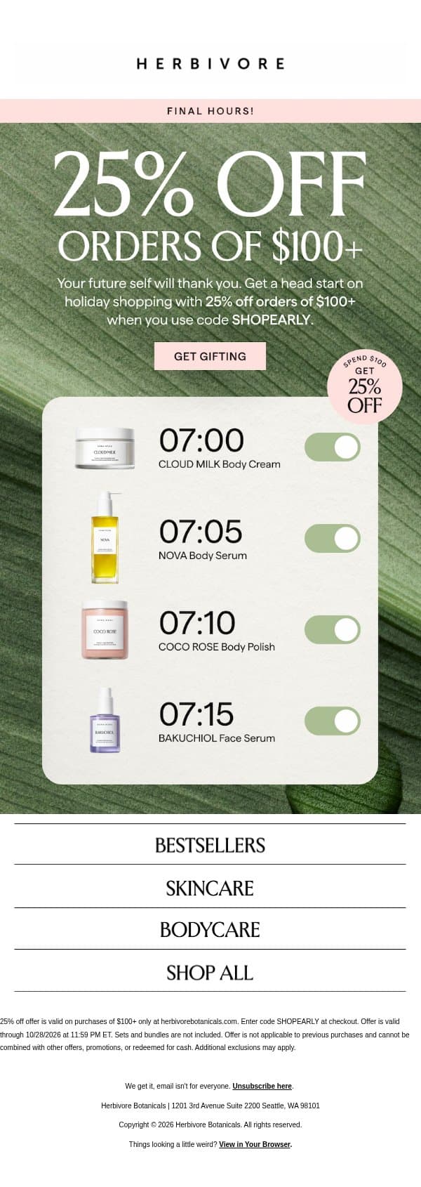 Final hours! Get a holiday head start with 25% off email from Herbivore screenshot