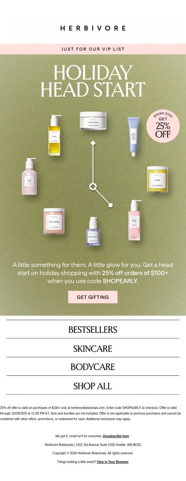 ✨ VIP SPECIAL ✨ 25% OFF: Beat the holiday rush and save email from Herbivore screenshot