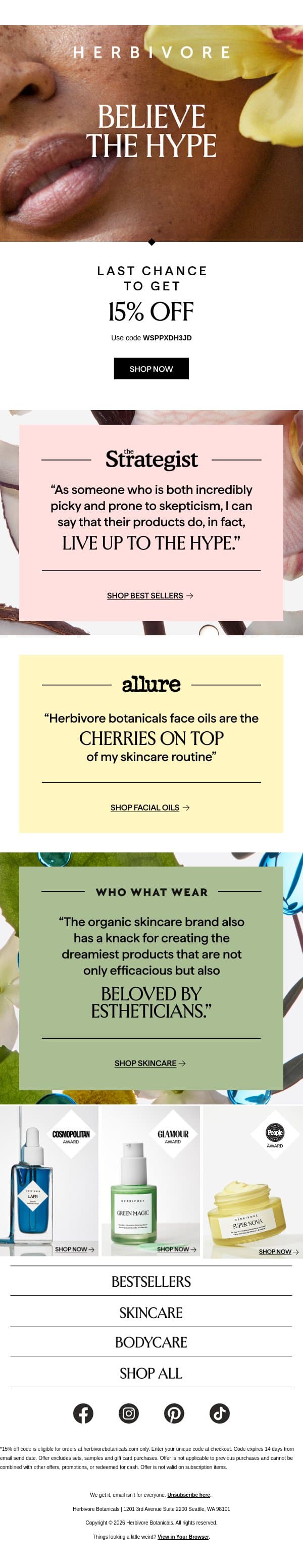 Your 15% off offer is ending soon! email from Herbivore screenshot