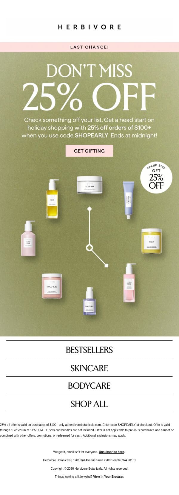 Last chance! Time is ticking on 25% off email from Herbivore screenshot