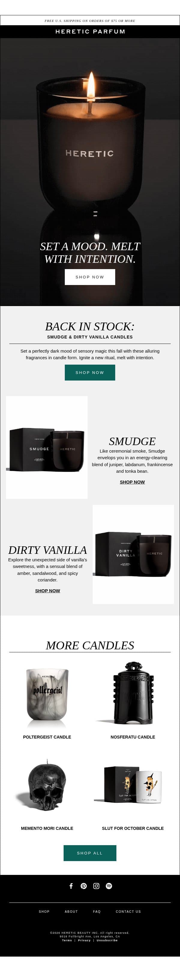BACK IN STOCK CANDLES email from Heretic screenshot