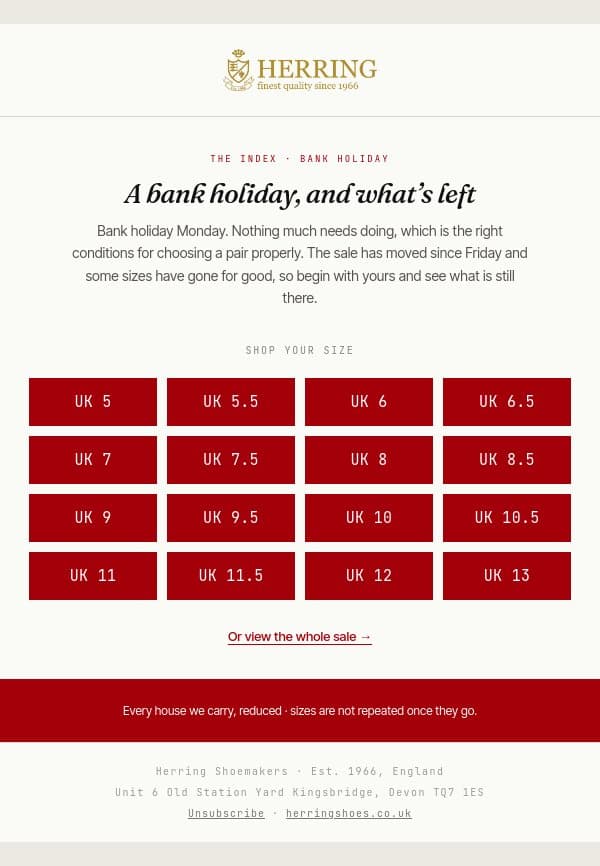A bank holiday, and what's left in your size email from Herring Shoes screenshot