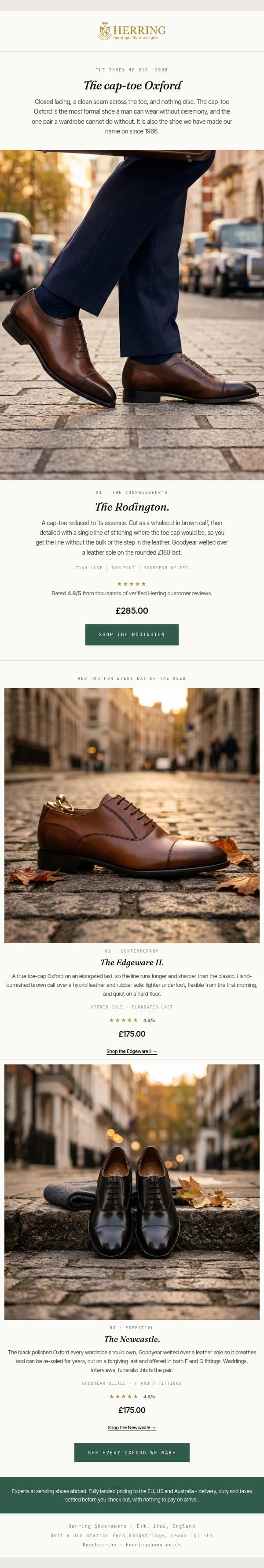 Cap-toe oxfords. Our specialist since 1966 email from Herring Shoes screenshot