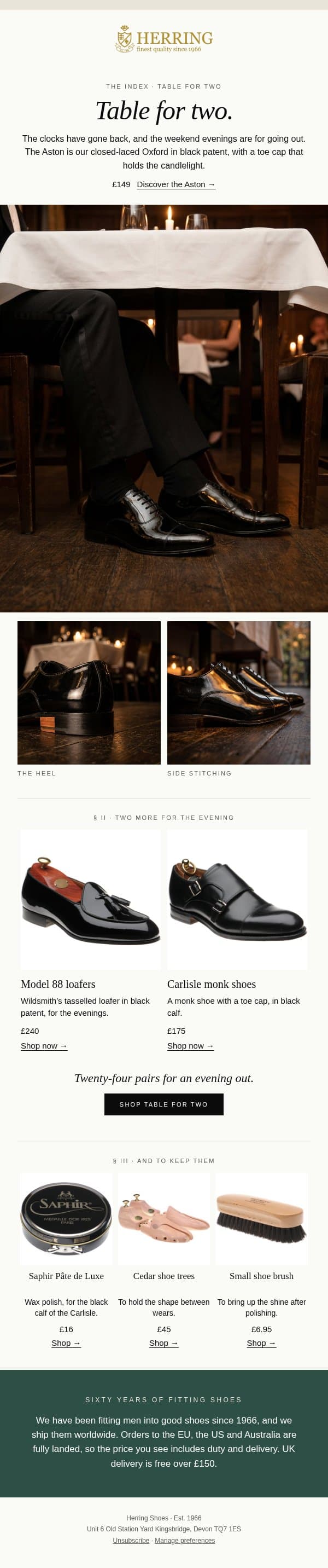 Table for two. email from Herring Shoes screenshot
